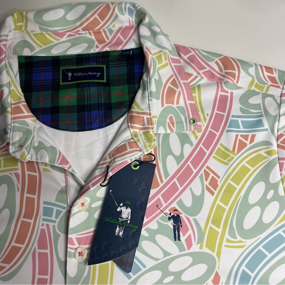 William Murray NWT Polo Shirt Pink‎ Multi Movie Reel Golf Rugby L - Picture 1 of 8